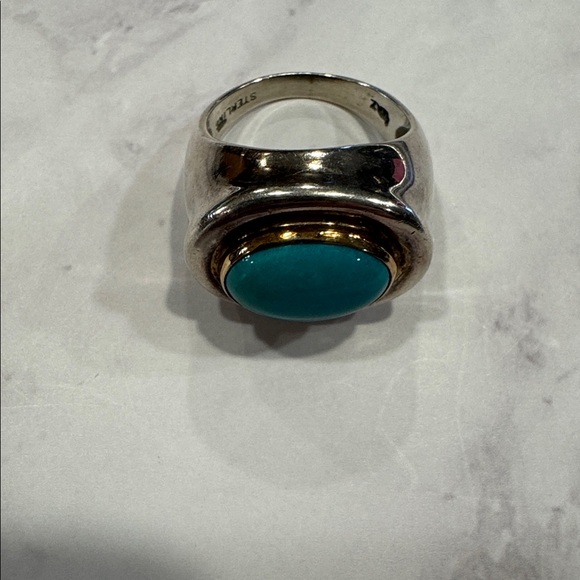 Sterling Silver and Turquoise Ring with 14k gold bezel - Picture 2 of 7